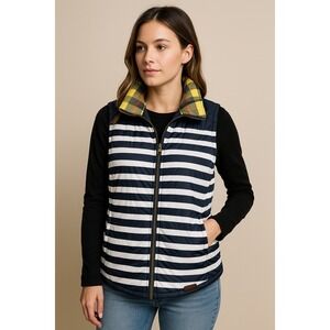 Bass Womens‎ Striped Puffer Vest Plaid Collar Zip Front Navy White Pockets XL